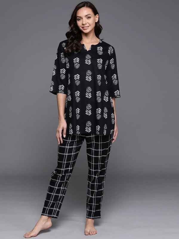 Black Printed Cotton Night Suit - Jashvi