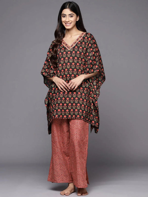 Black Printed Cotton Night Suit - Jashvi