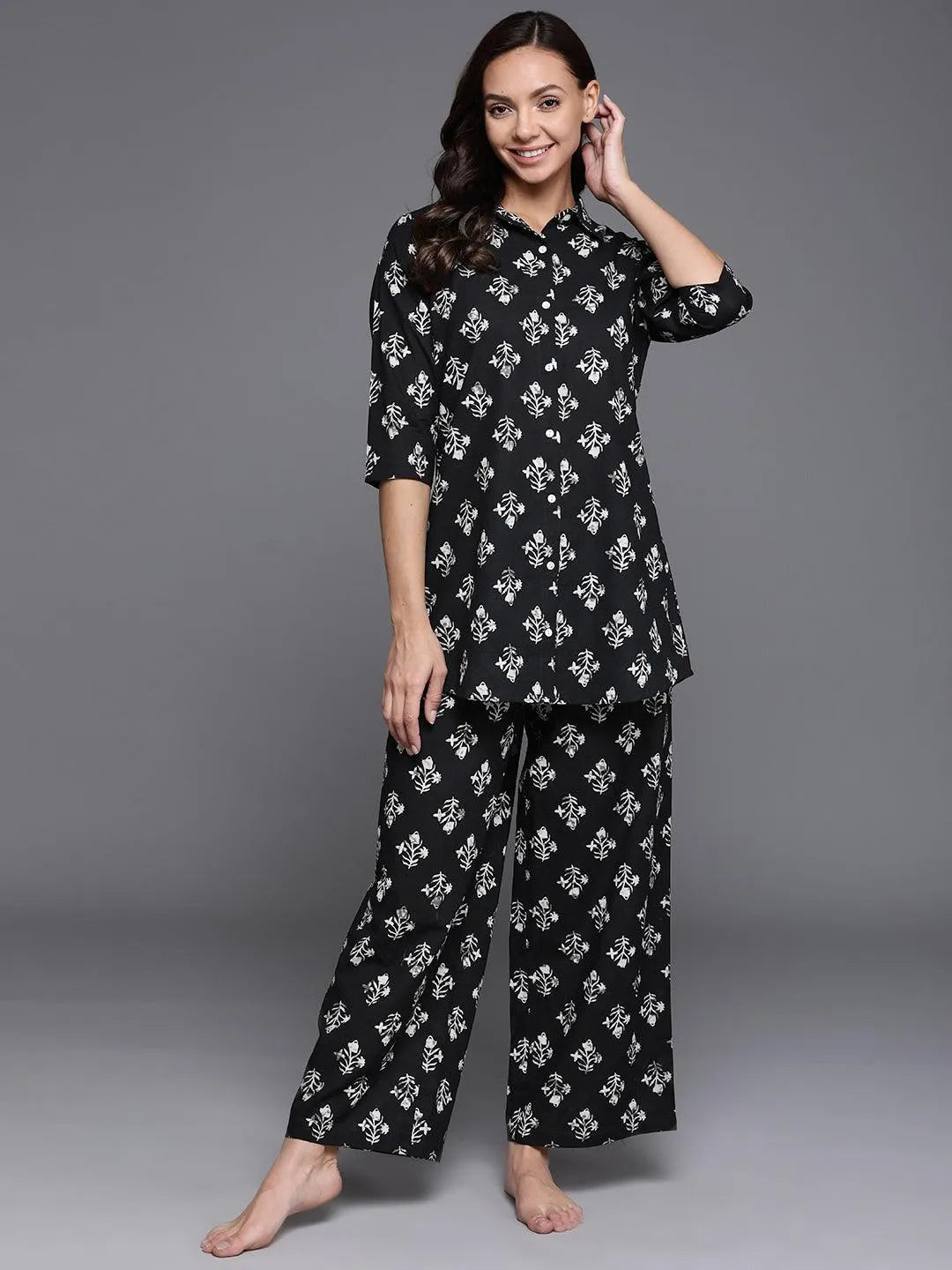 Black Printed Cotton Night Suit - Jashvi