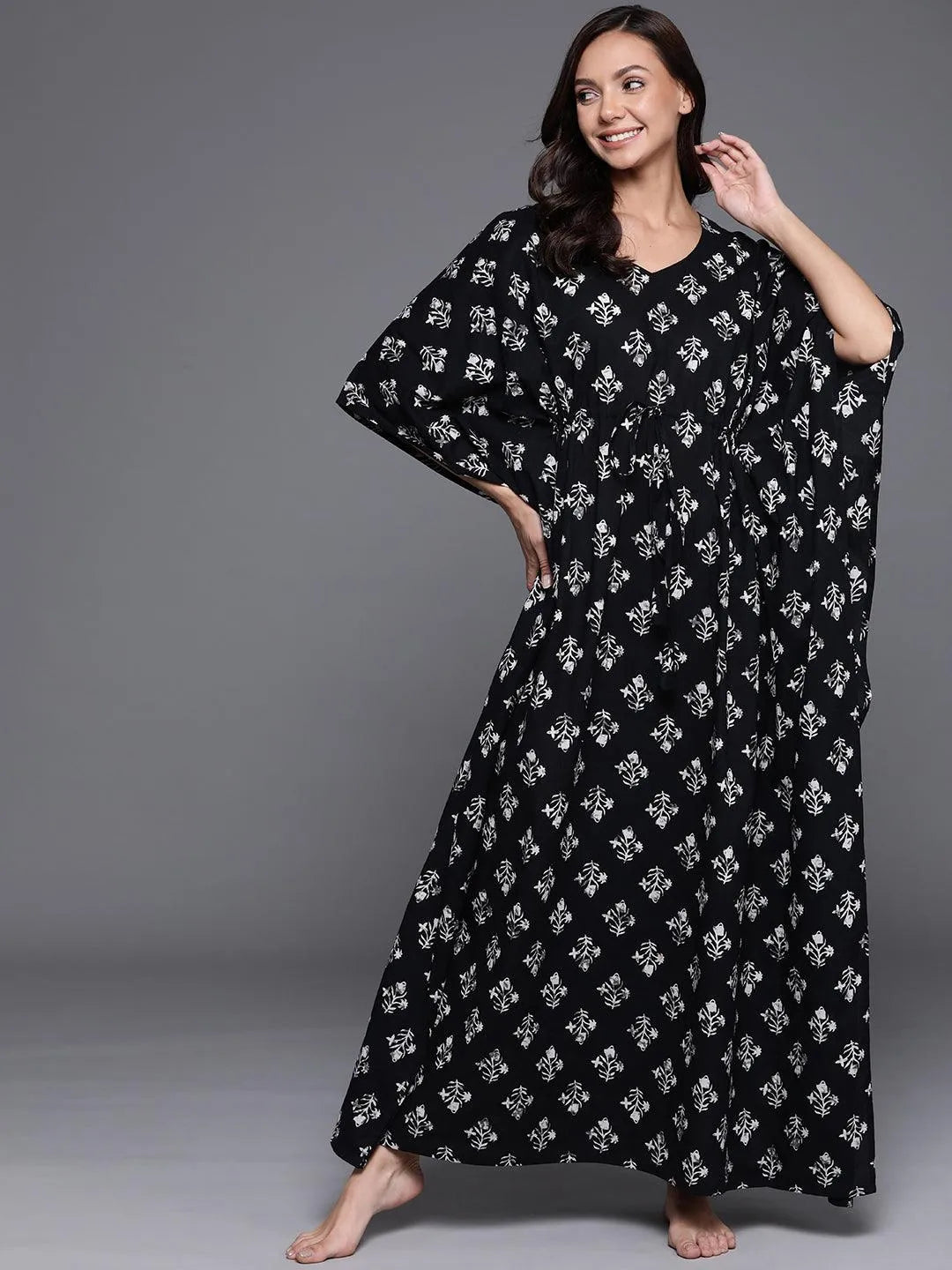 Black Printed Cotton Nightdress - Jashvi