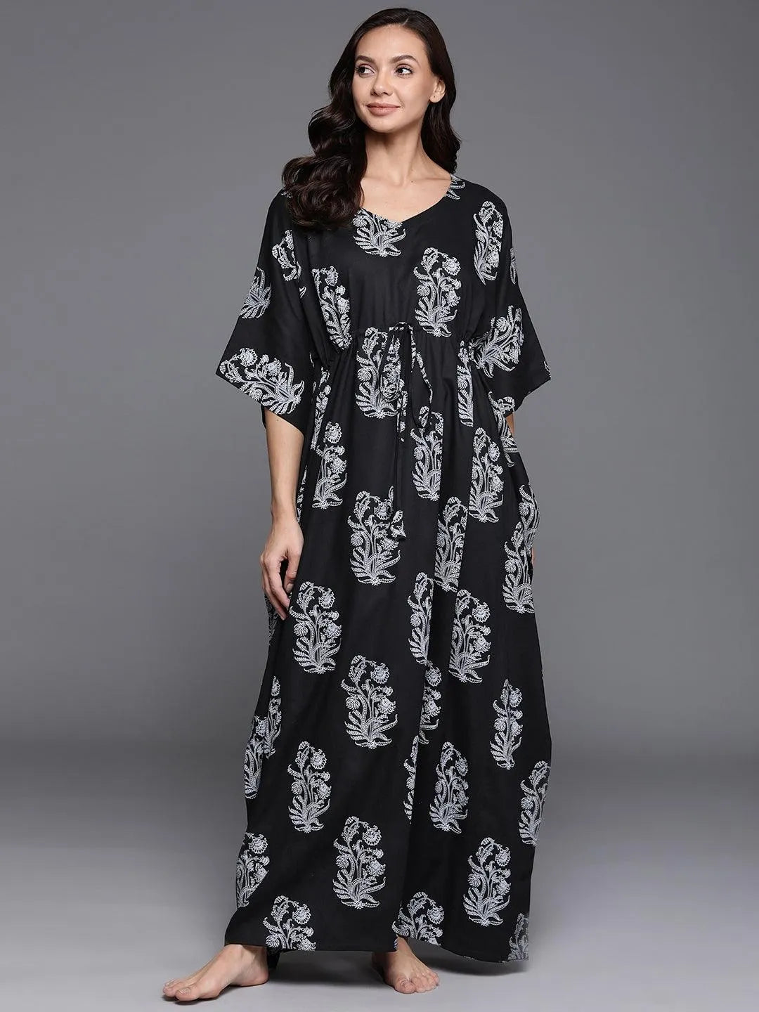 Black Printed Cotton Nightdress - Jashvi