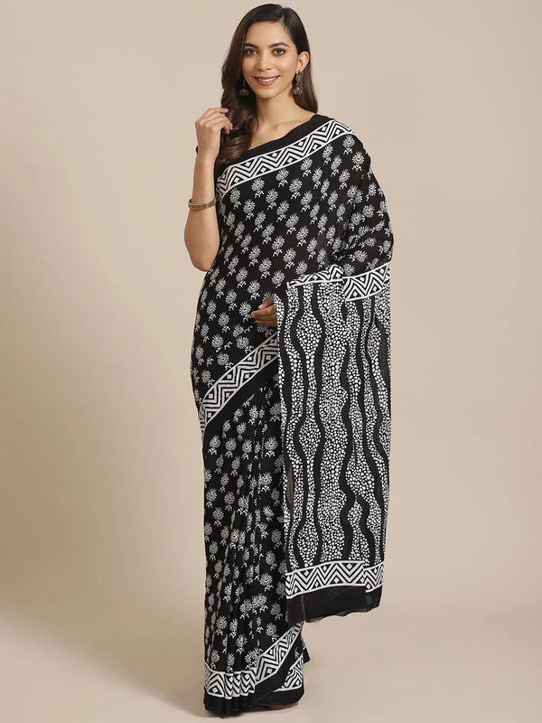 Black Printed Cotton Saree - Jashvi