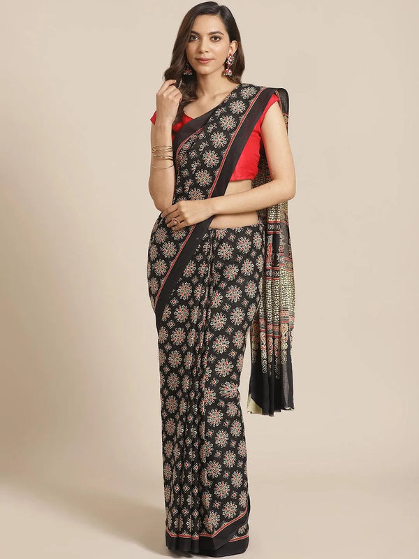 Black Printed Cotton Saree - Jashvi