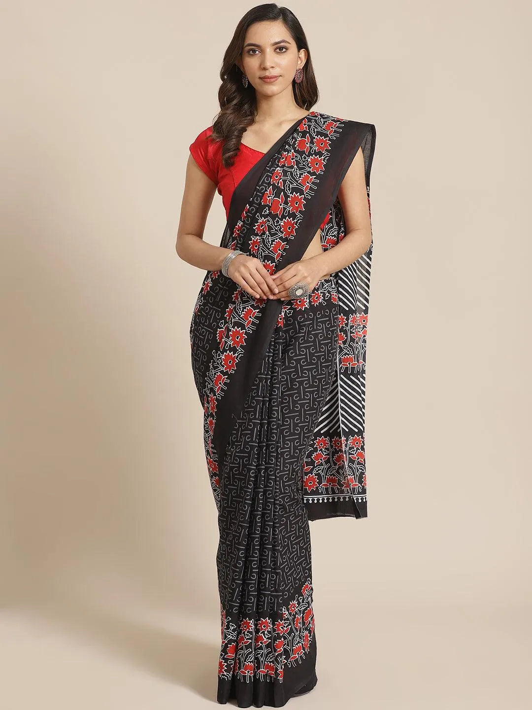 Black Printed Cotton Saree - Jashvi