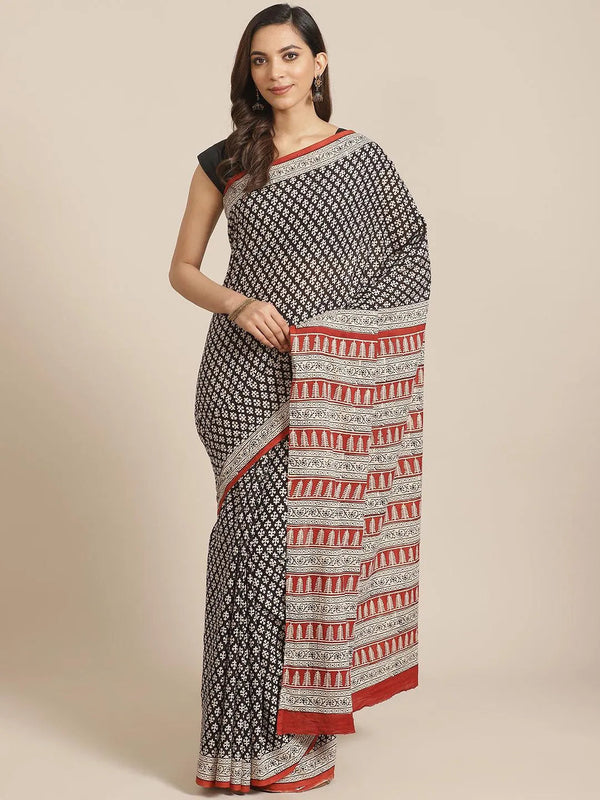 Black Printed Cotton Saree - Jashvi