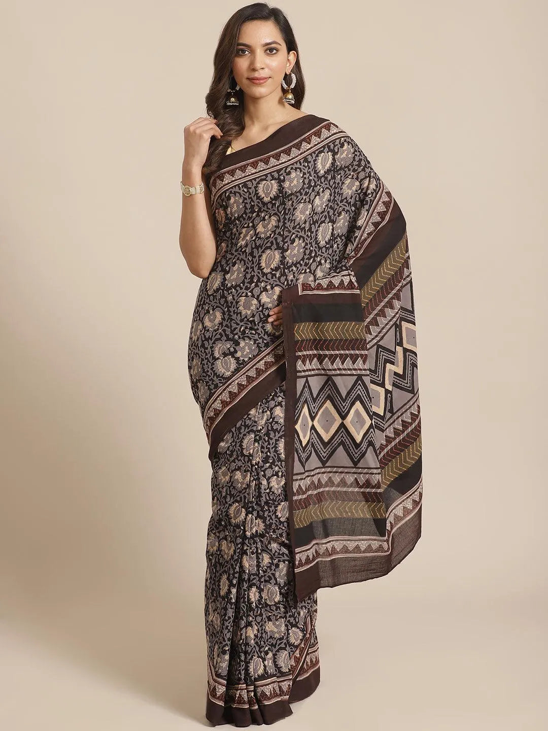 Black Printed Cotton Saree - Jashvi