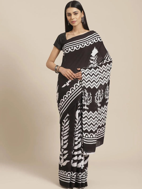 Black Printed Cotton Saree - Jashvi