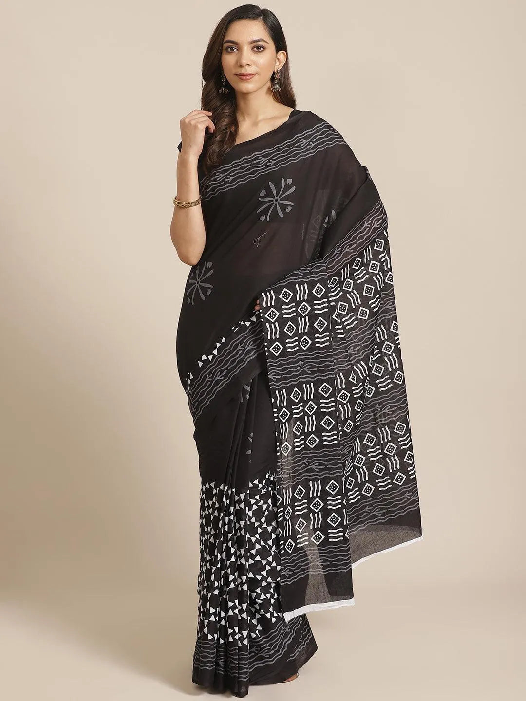 Black Printed Cotton Saree - Jashvi