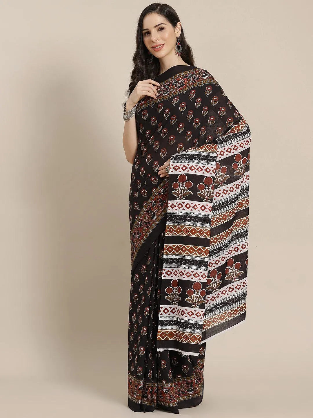 Black Printed Cotton Saree - Jashvi