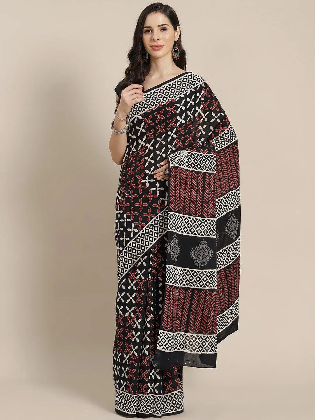 Black Printed Cotton Saree - Jashvi