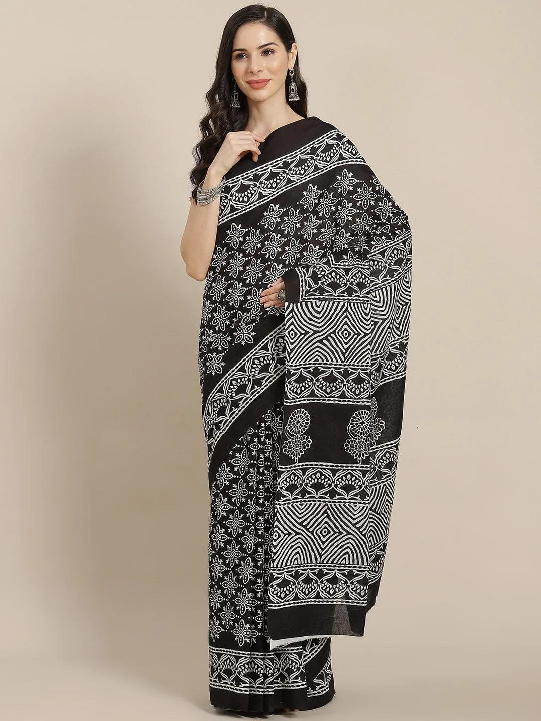 Black Printed Cotton Saree - Jashvi