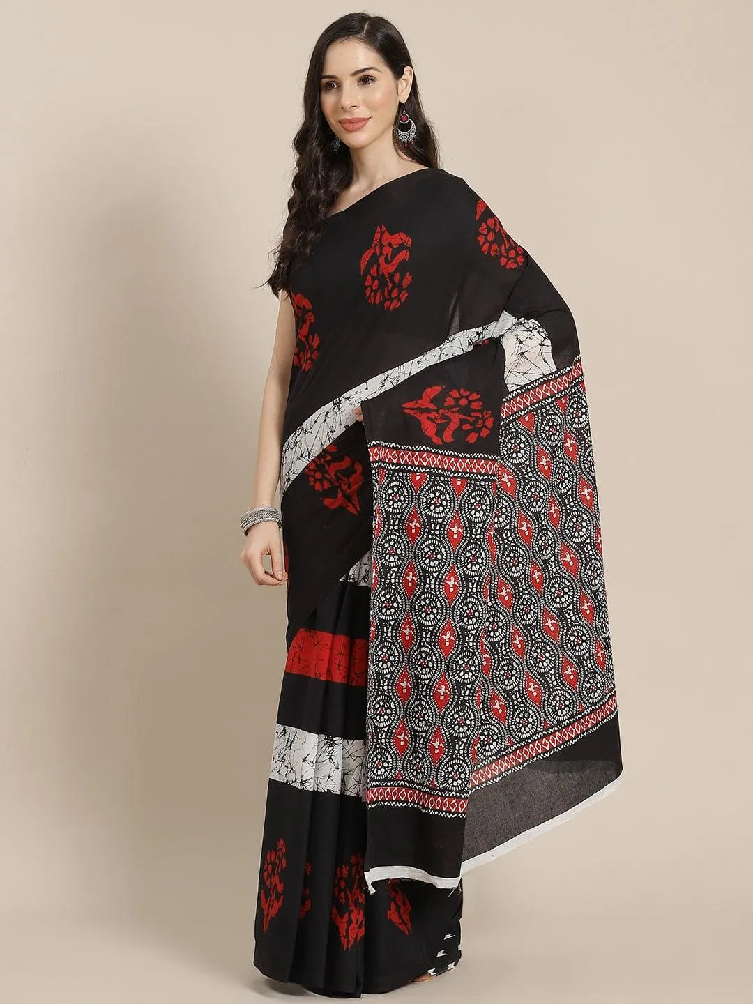 Black Printed Cotton Saree - Jashvi