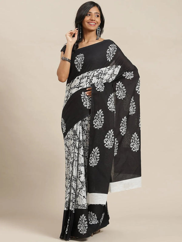 Black Printed Cotton Saree - Jashvi