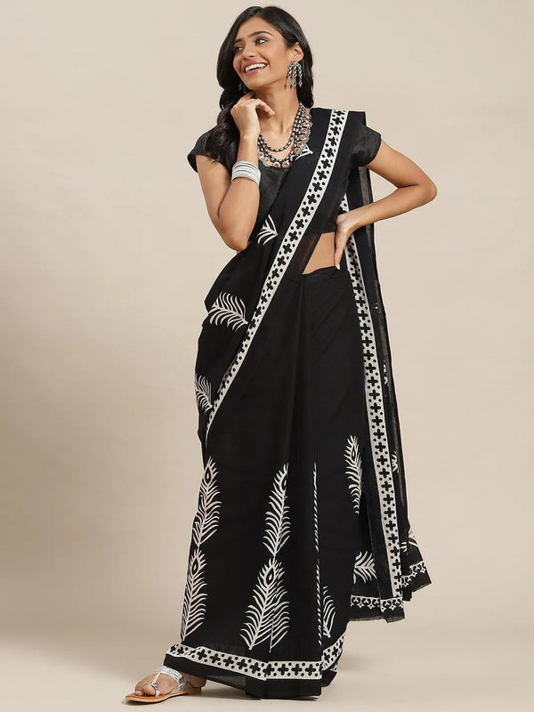 Black Printed Cotton Saree