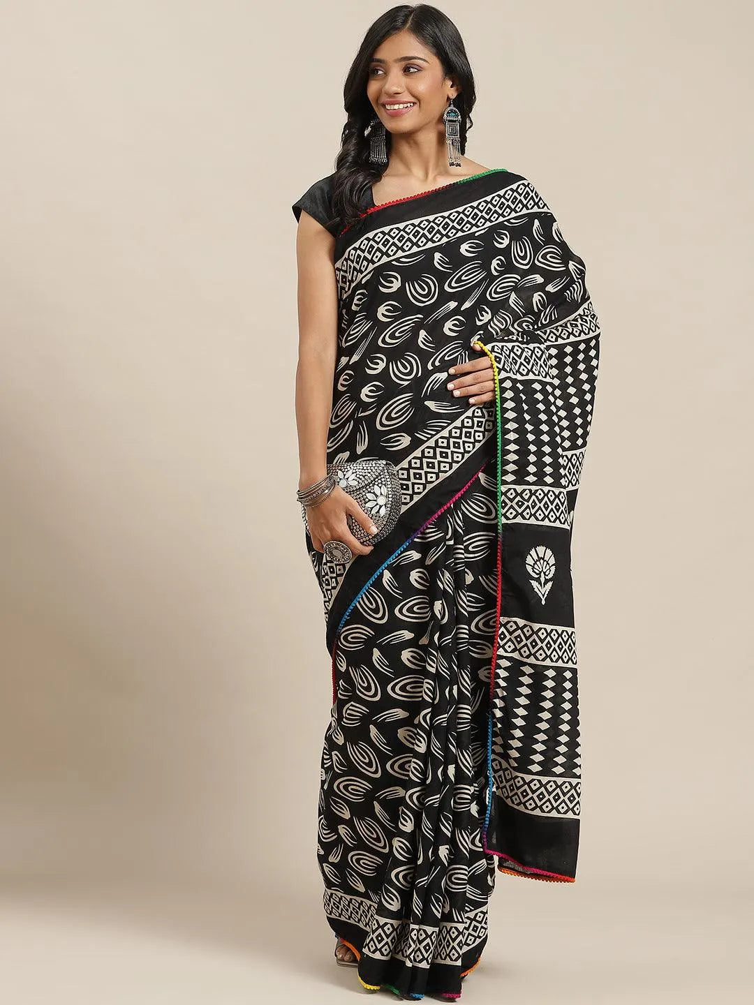 Black Printed Cotton Saree - Jashvi