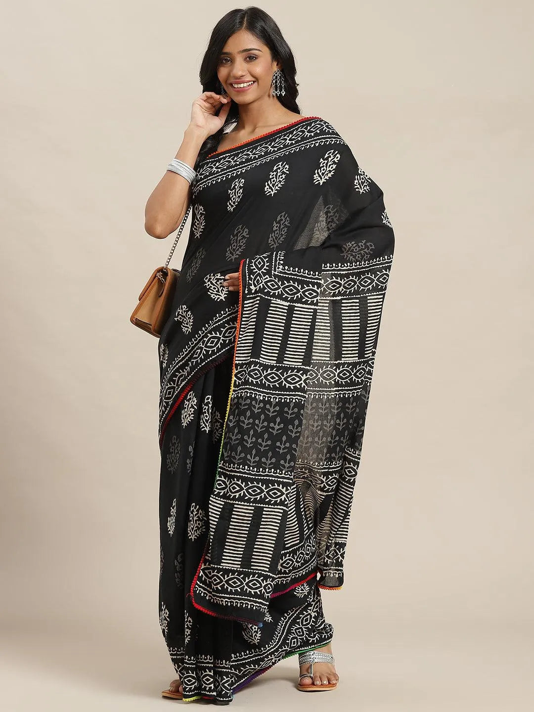 Black Printed Cotton Saree - Jashvi