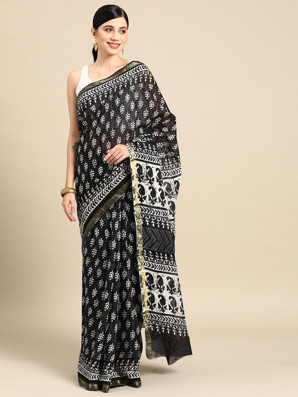 Black Printed Cotton Saree - Jashvi