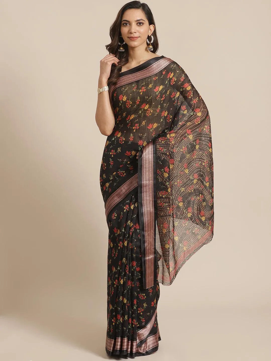 Black Printed Cotton Saree - Jashvi