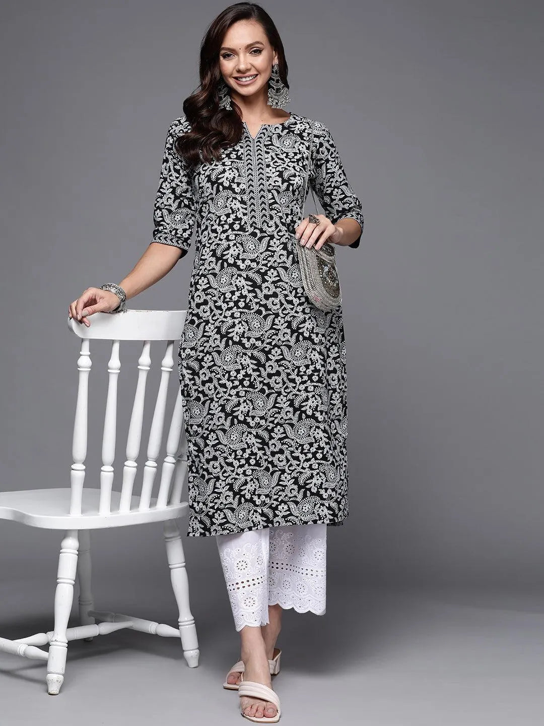 Black Printed Cotton Straight Kurta - Jashvi