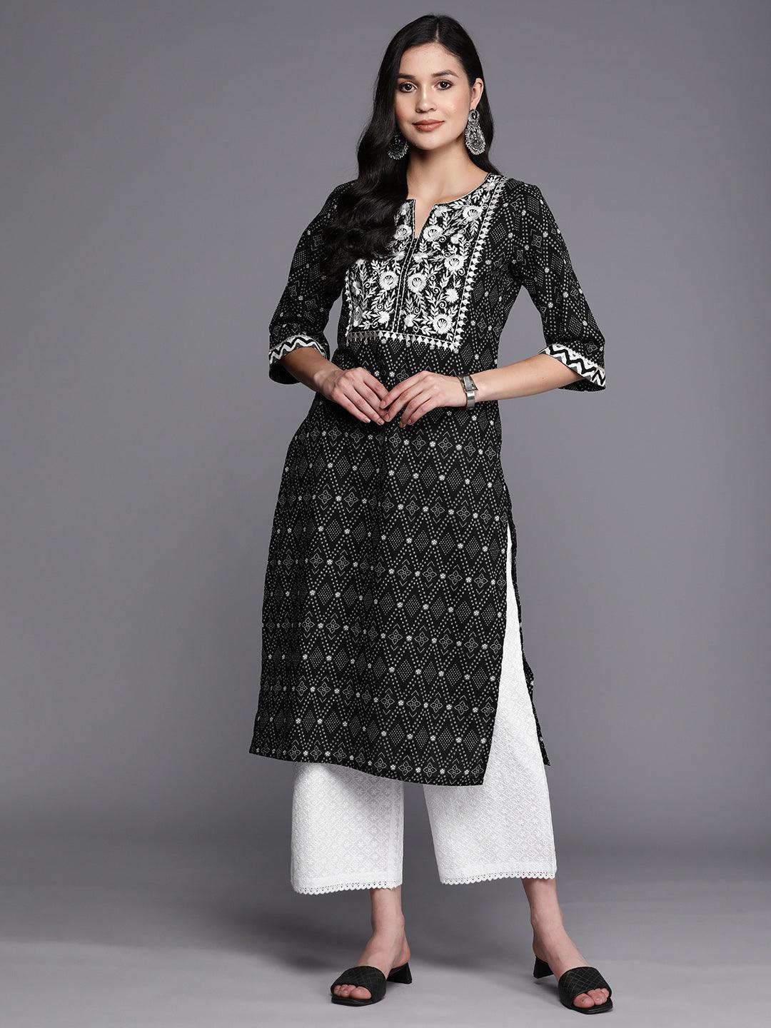 Black Printed Cotton Straight Kurta - Jashvi