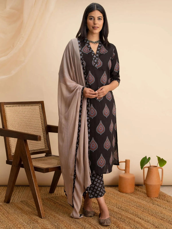 Black Printed Cotton Suit Set - Jashvi