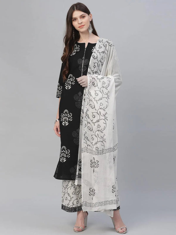 Black Printed Cotton Suit Set - Jashvi