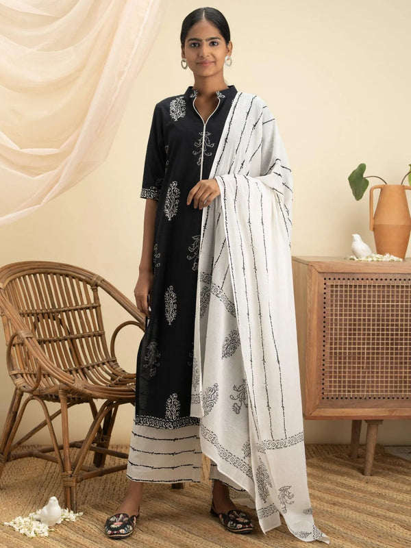 Black Printed Cotton Suit Set - Jashvi