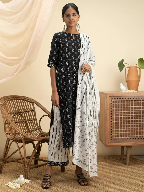 Black Printed Cotton Suit Set - Jashvi