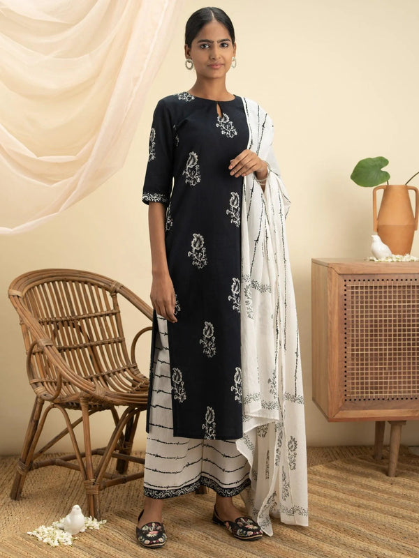 Black Printed Cotton Suit Set - Jashvi