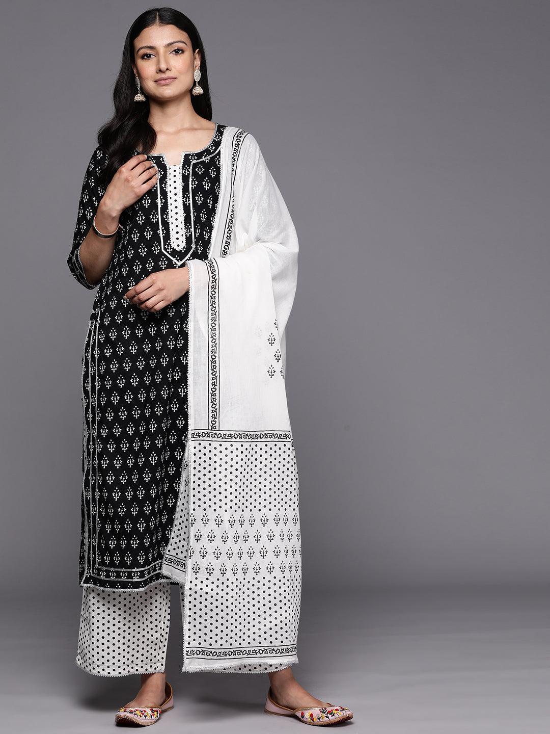 Black Printed Cotton Straight Suit Set With Palazzos - Jashvi