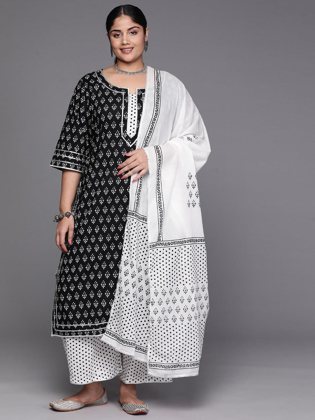 Black Yoke Design Cotton Straight Kurta With Trousers & Dupatta - Jashvi