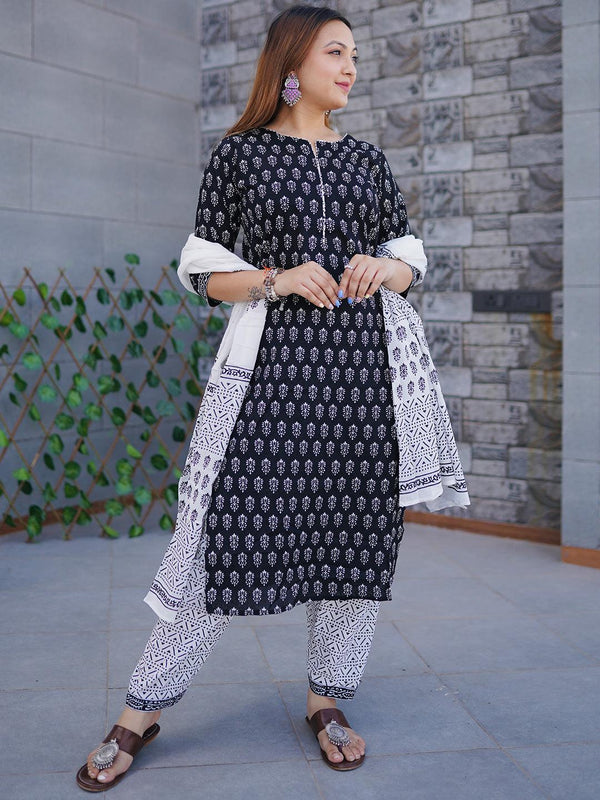 Black Printed Cotton Straight Suit Set With Salwar - Jashvi