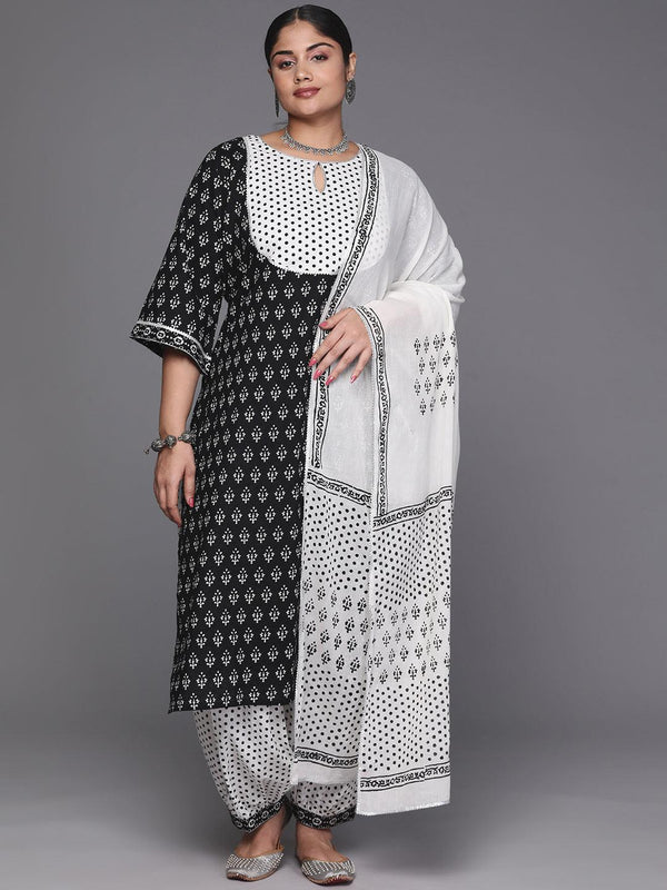 Black Yoke Design Cotton Straight Kurta With Trousers & Dupatta - Jashvi