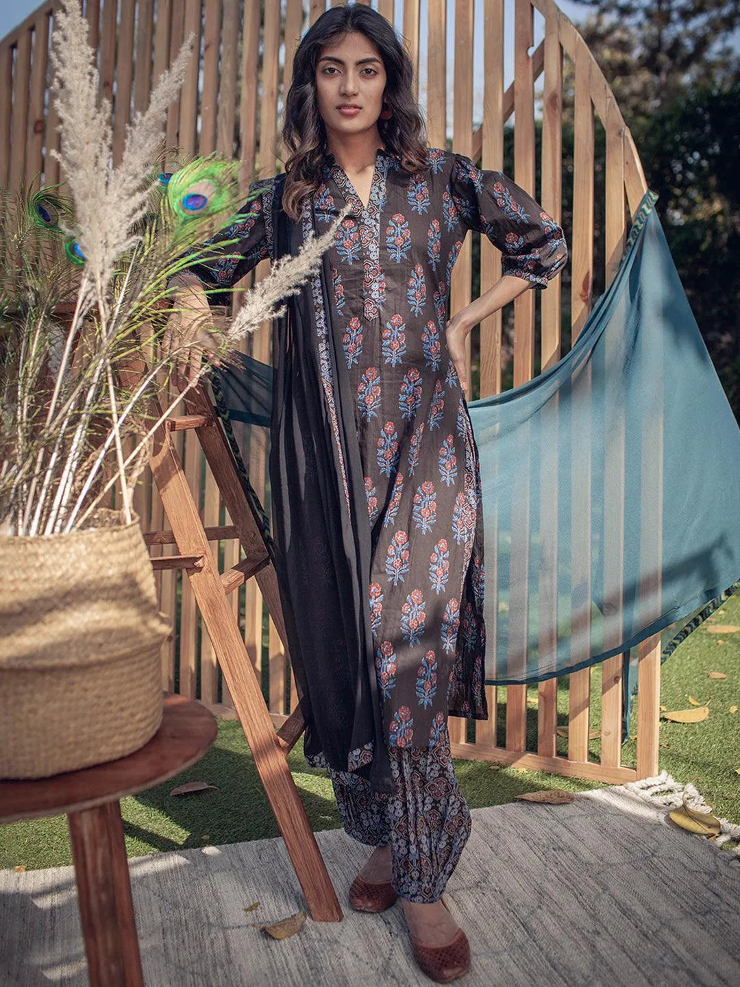 Black Printed Cotton Suit Set - Jashvi