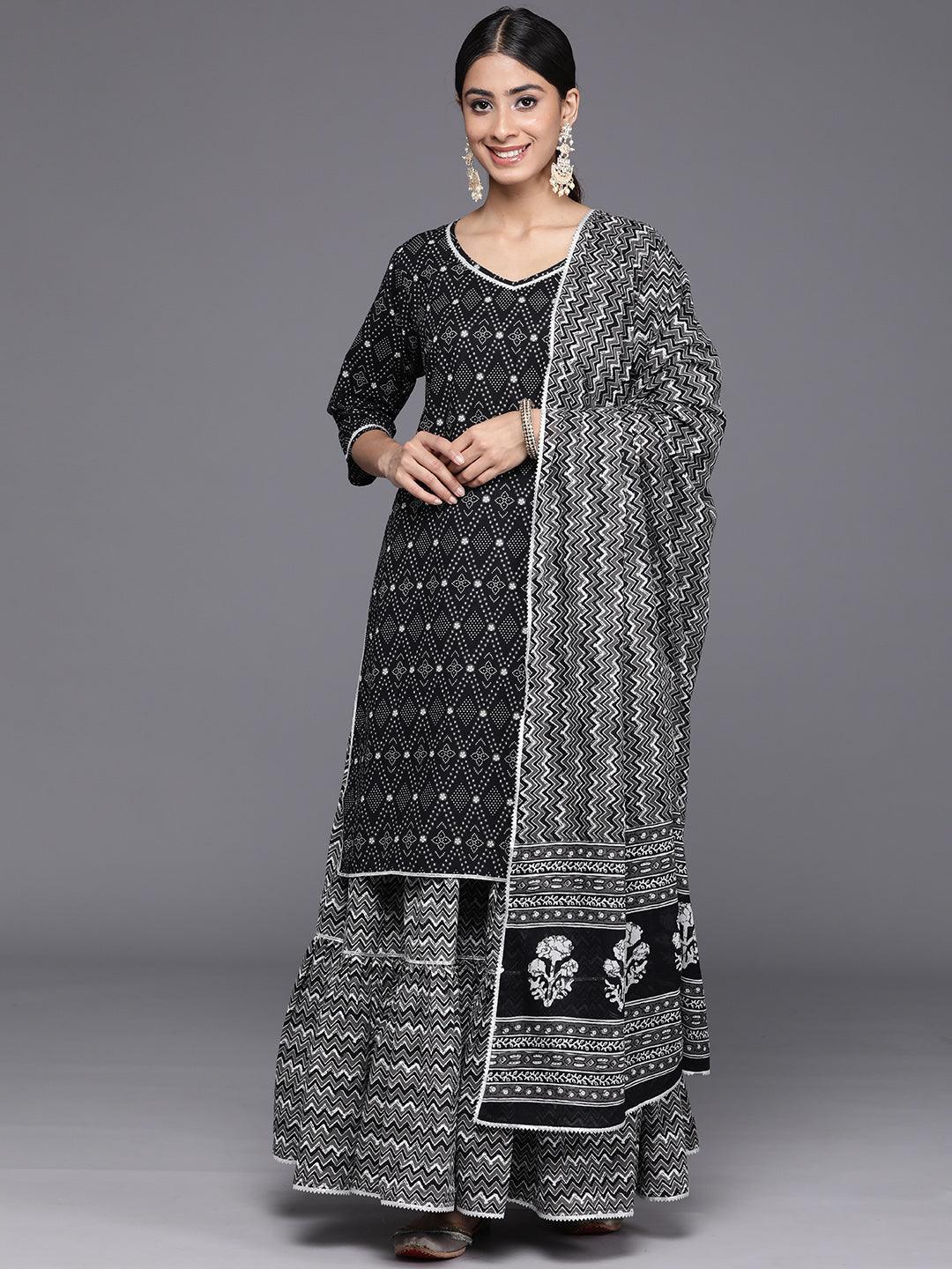 Black Printed Cotton Straight Kurta With Skirt & Dupatta - Jashvi