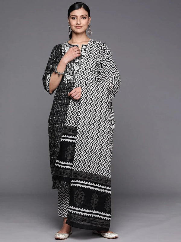 Black Printed Cotton Straight Suit Set With Trousers - Jashvi