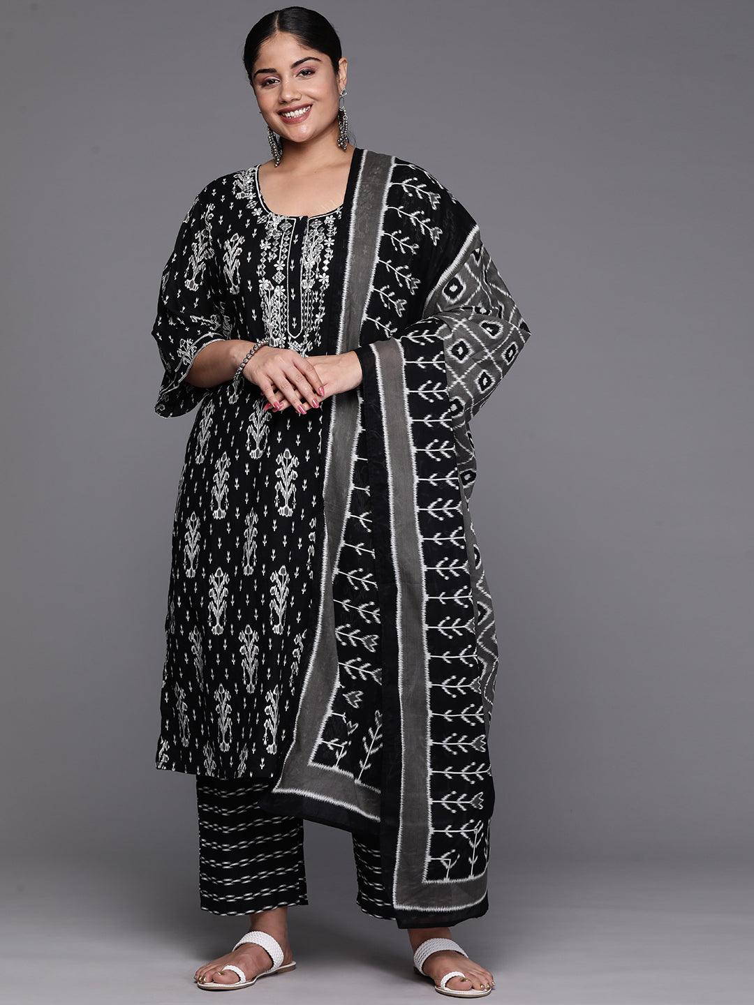 Black Yoke Design Cotton Straight Kurta With Trousers & Dupatta - Jashvi