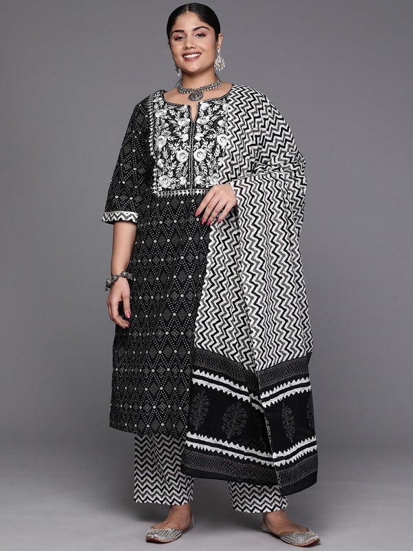 Black Yoke Design Cotton Straight Kurta With Trousers & Dupatta - Jashvi