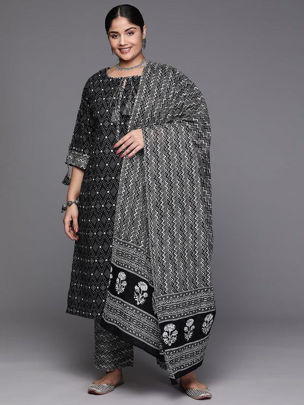 Black Yoke Design Cotton Straight Kurta With Trousers & Dupatta - Jashvi