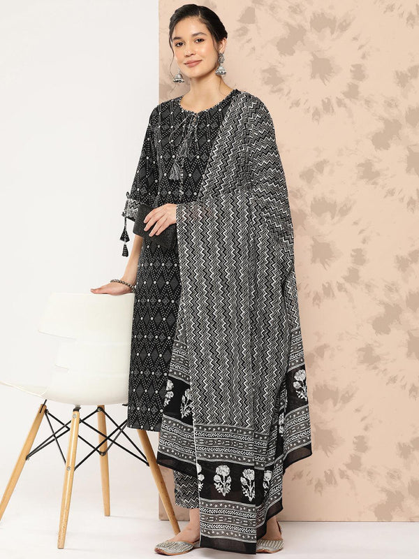 Black Printed Cotton Straight Kurta With Trousers and Dupatta