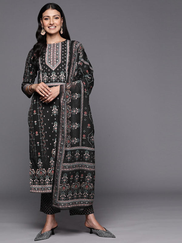 Black Printed Crepe Straight Suit Set With Trousers - Jashvi