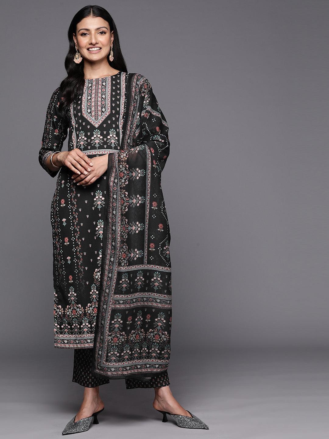 Black Printed Crepe Straight Suit Set With Trousers - Jashvi