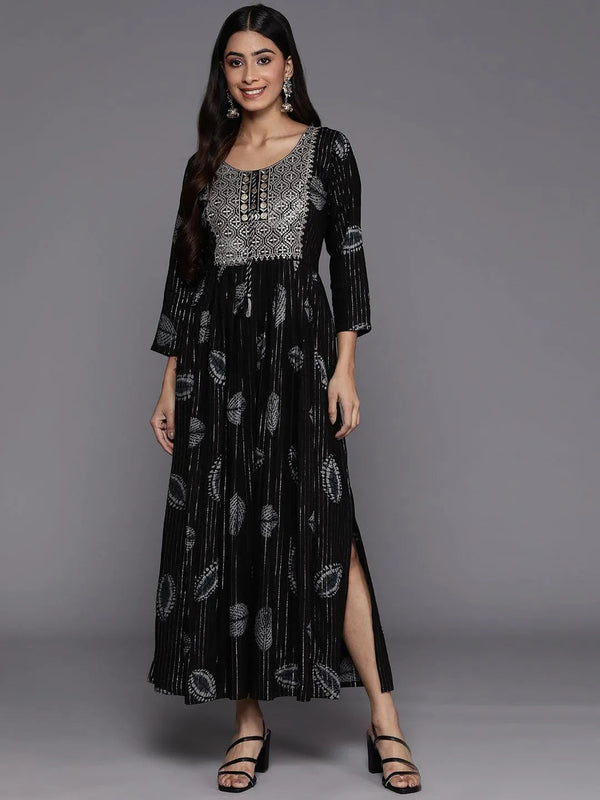 Black Printed Fit and Flare Rayon Dress - Jashvi