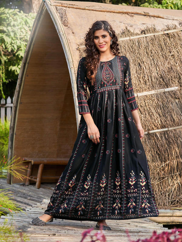 Women's Black Printed Floor Length Kurti - Odette