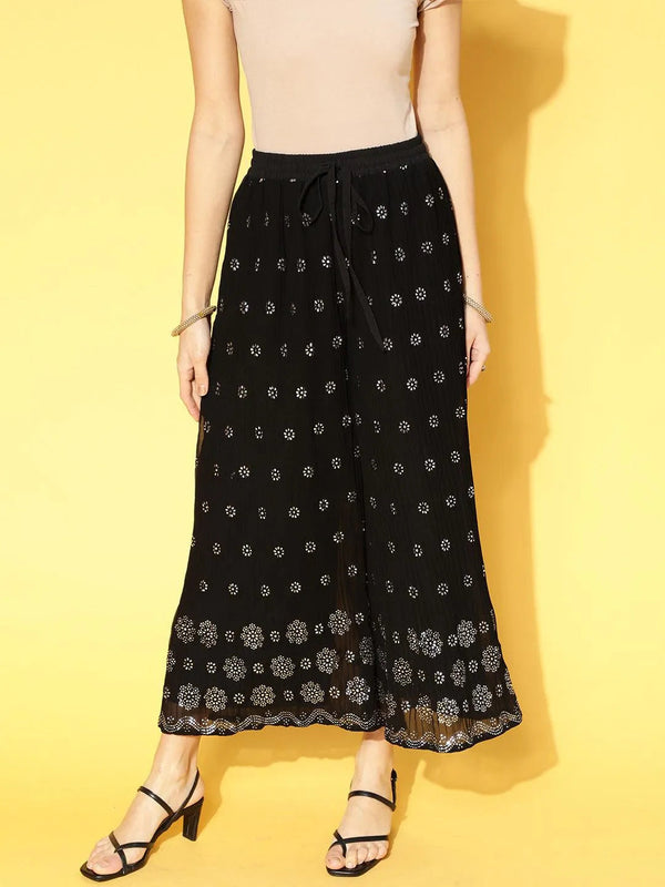 Black Printed Georgette Palazzos - Jashvi