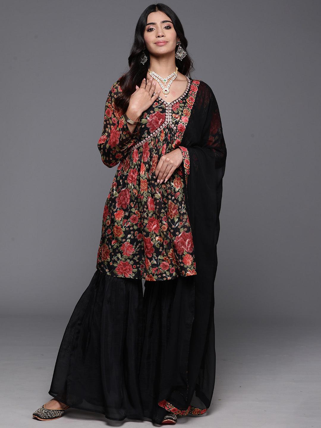 Black Printed Organza A-Line Kurta With Sharara & Dupatta - Jashvi