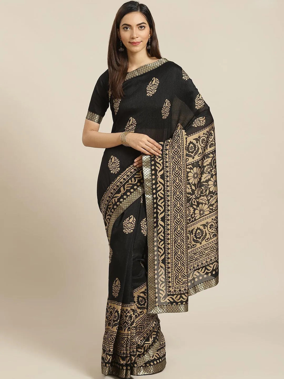 Black Printed Polyester Saree - Jashvi