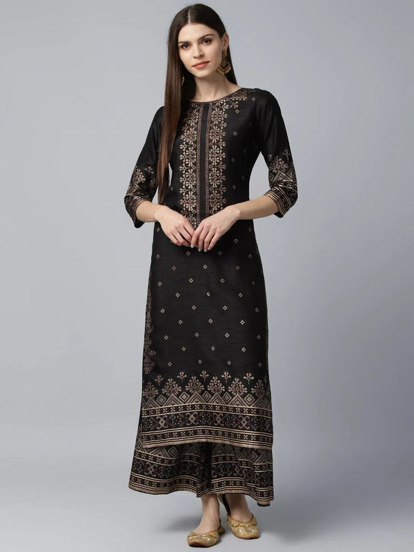 Black Printed Polyester Straight Kurta With Palazzos