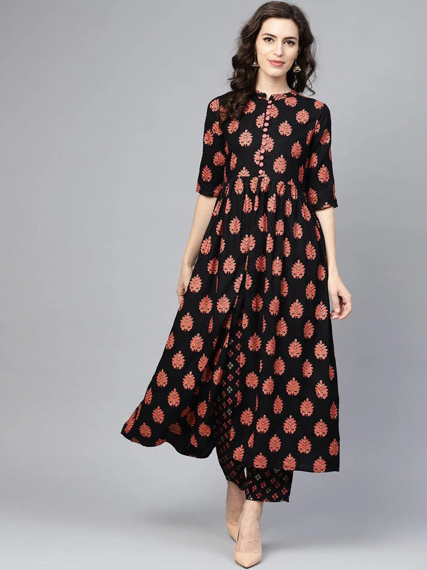 Black Printed Rayon Kurta Set - Jashvi