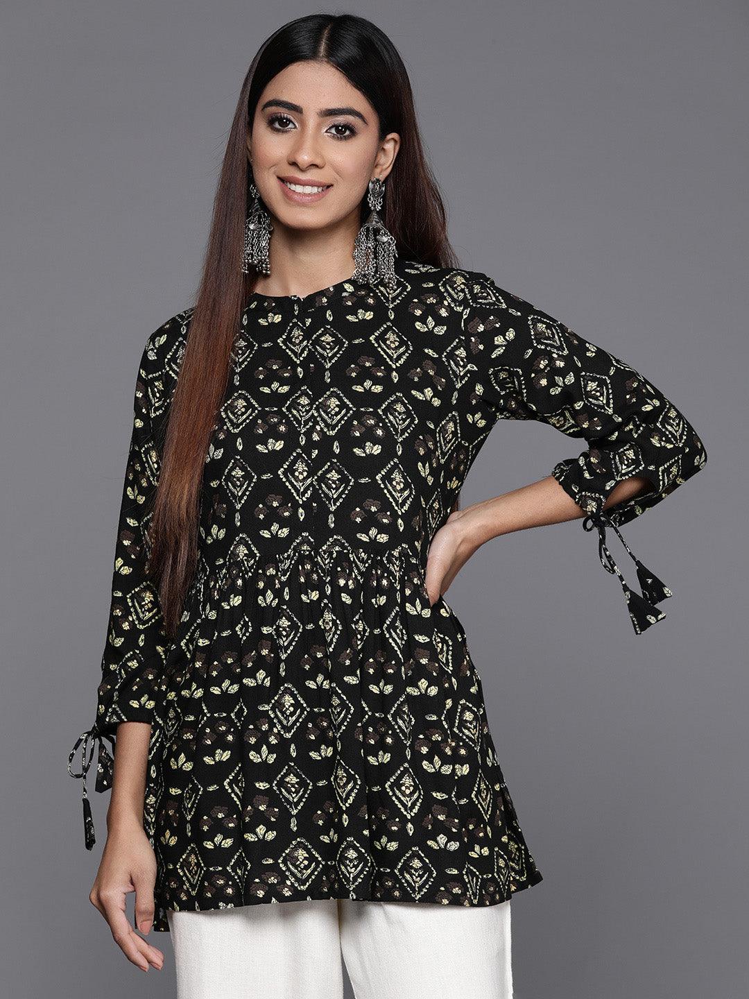 Black Printed Rayon A-Line Kurti - Jashvi